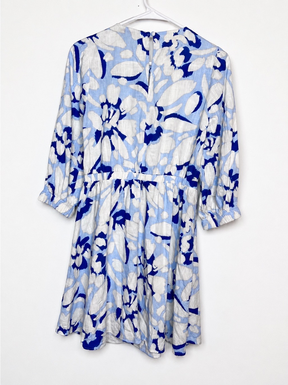 LOFT Blue White Floral Linen Blend Mini Dress XS Puff Sleeve Coastal - Picture 3 of 9